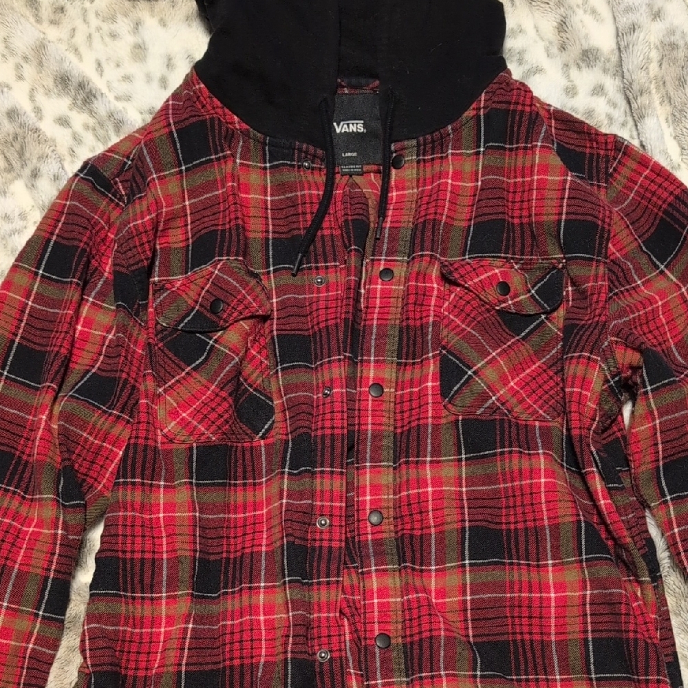 Vans Black and Red Plaid Hooded Shirt